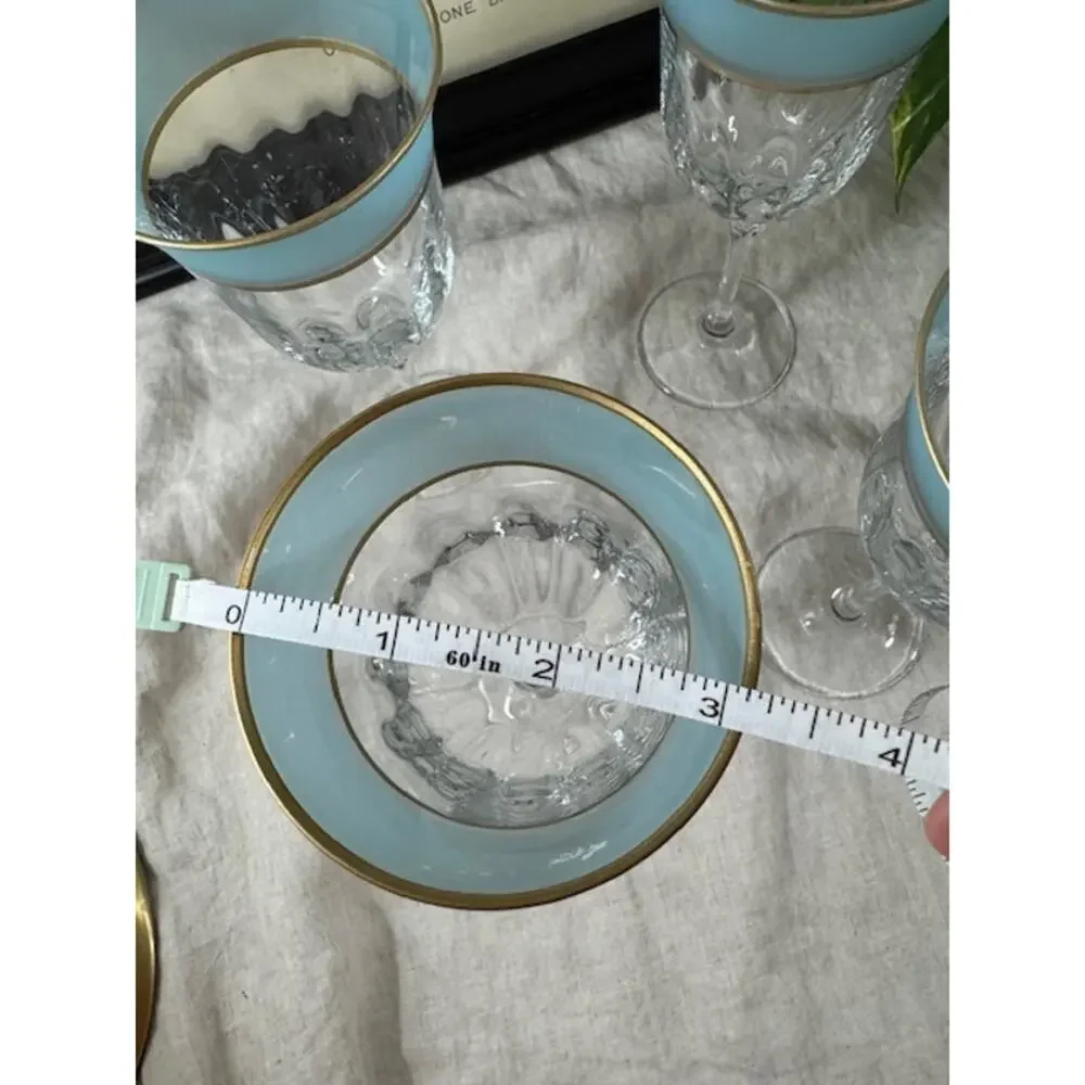 Vintage Frosted Teal Blue & Gold Rimmed Wine Glass Set of 4